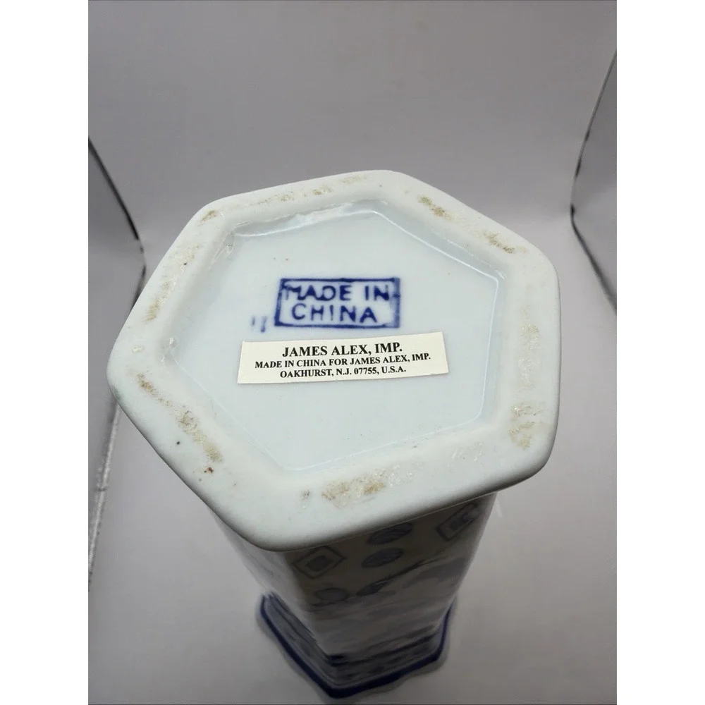 James Alex Imp. Porcelain Vase Blue & White Floral Hexagon 10